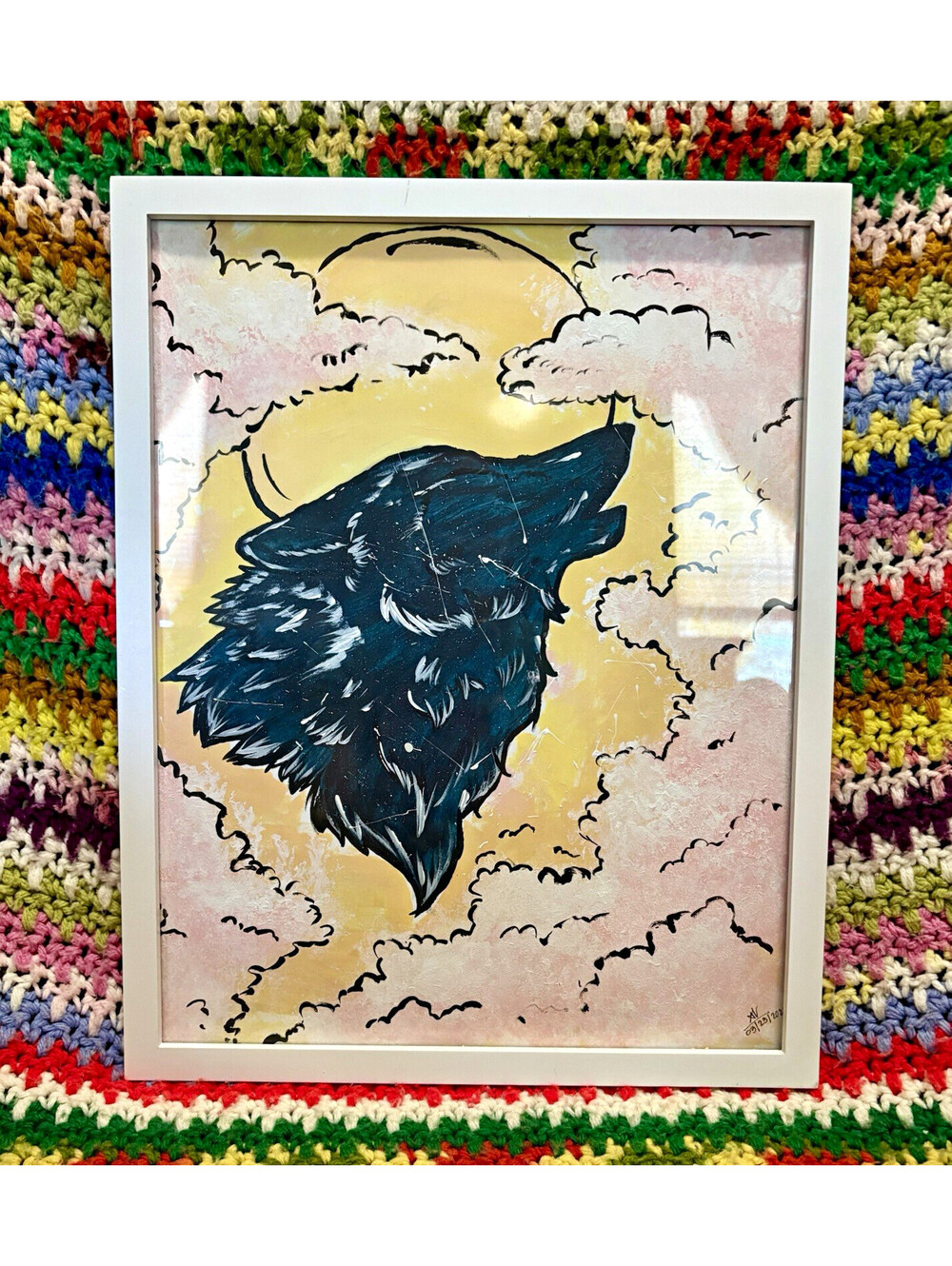 Celestial Wolf & Moon Framed Wall Art – Native/Boho Style Painting